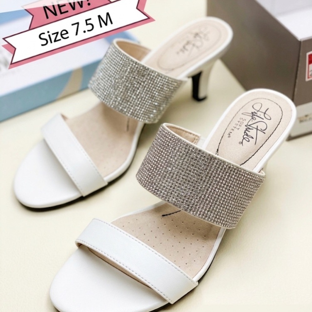 Life Stride White Heeled Sandals with Silver Crystal Band